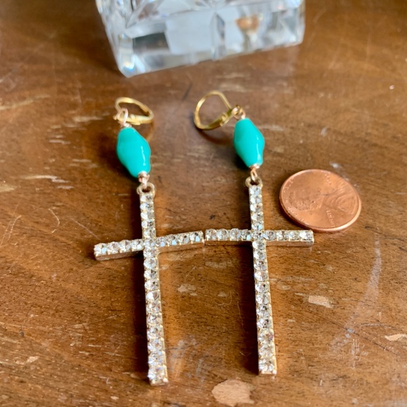 Handmade Crystal & Vint. Aqua Glass Bead Earrings - Picture 2 of 11